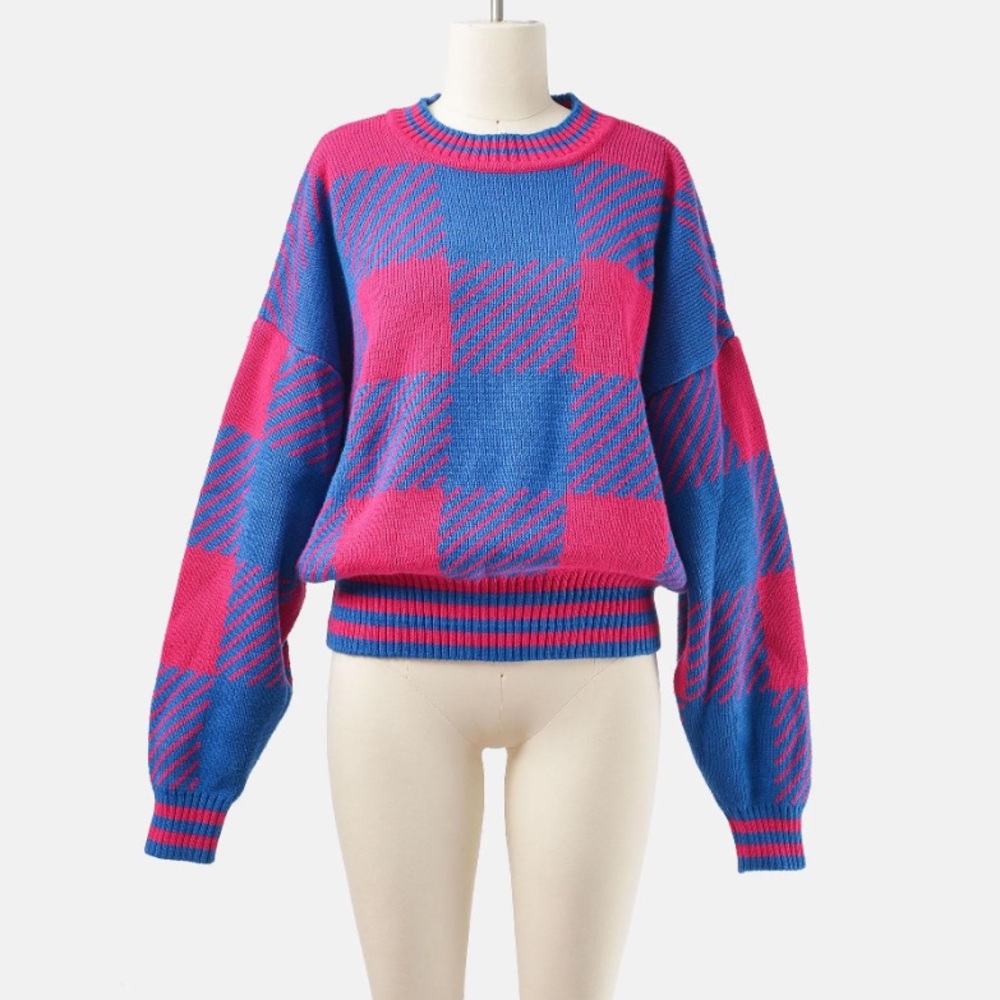 Women’s vintage 80s blue and pink plaid checkered sweater | small